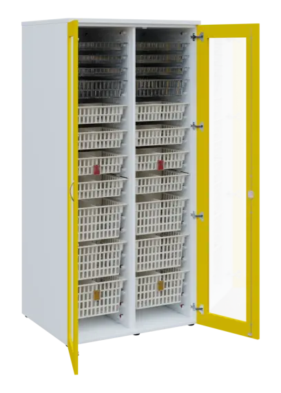 EUROMEDICA S - 90 skříň léková boxová, 2-dveřová/prosklená, 1950x900x735, korpus bílý, dvířka žlutá odio